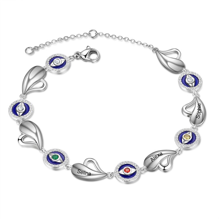 Pulsera de corazones y ojos 3 Nombre personalizado con 3 piedras de nacimiento