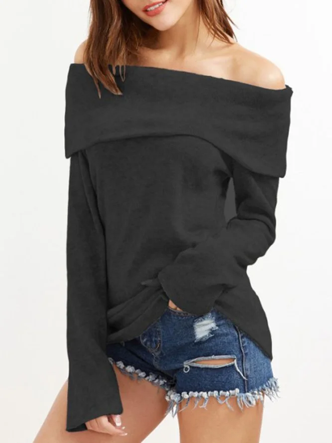 Off Shoulder Long Sleeve Cotton-Blend Sweater
