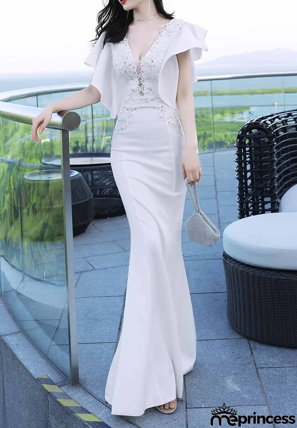 Women Elegant Lace Ruffles Short Sleeve Slim Fit Mermaid Evening Dress