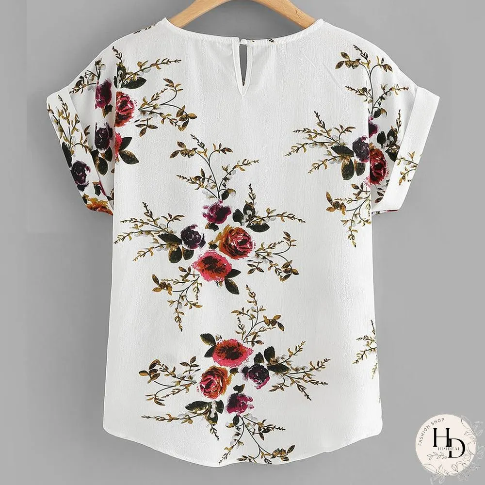 Summer Fashion Floral Print Blouse Pullover Ladies O-Neck Tee Tops Female Womens Short