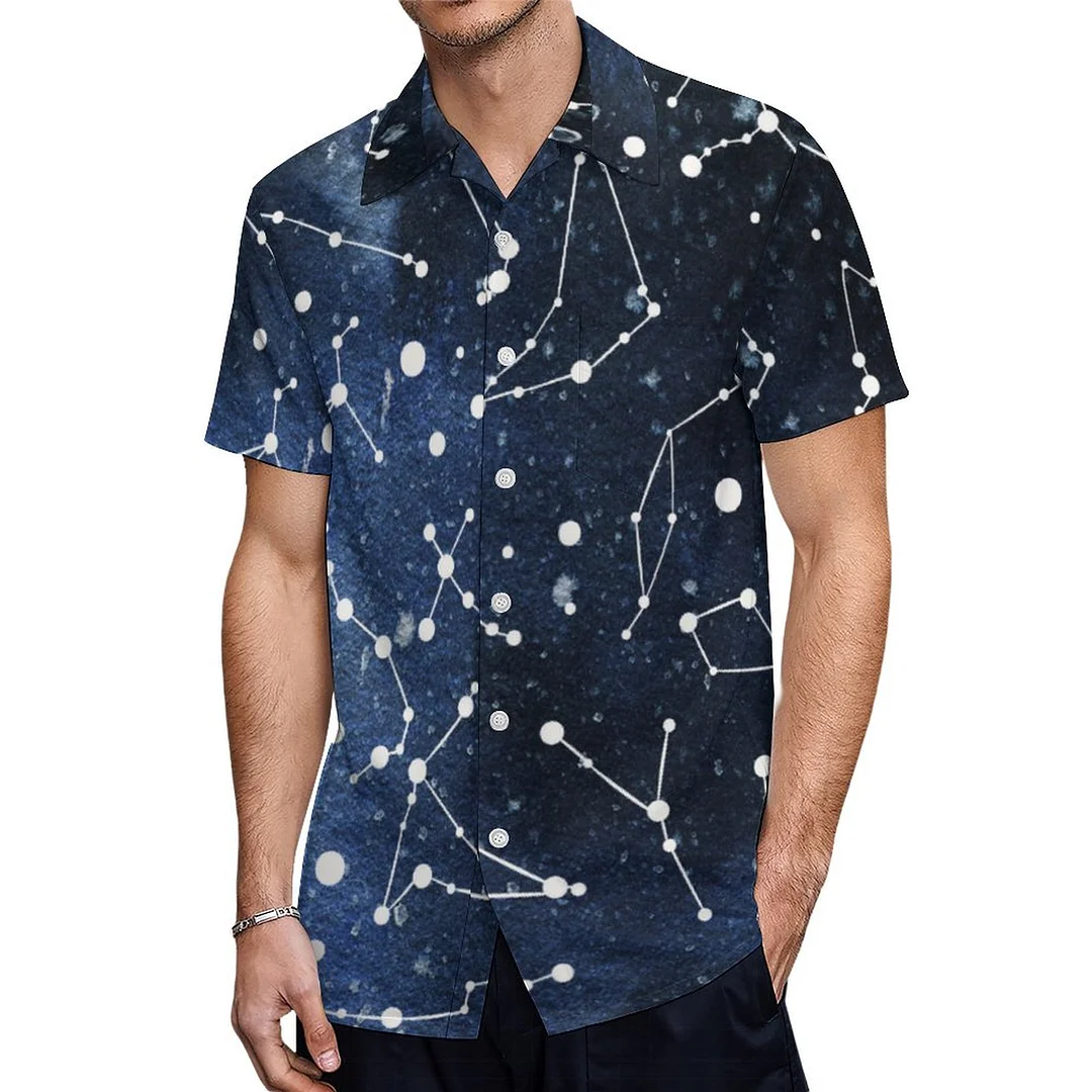 Cool Dark Blue Night Sky Constellations Hawaiian Shirt Mens Button Down Plus Size Tropical Hawaii Beach Shirts