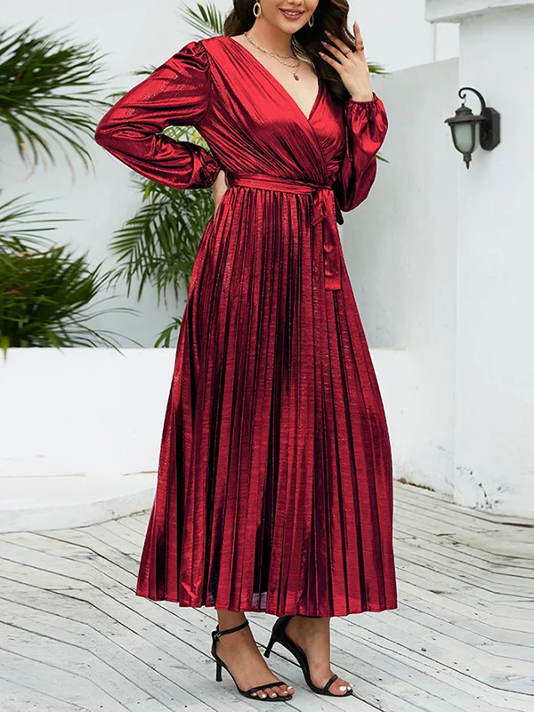 Long Sleeves Loose Bronzing Elasticity Pleated Solid Color Tied Waist V-Neck Midi Dresses