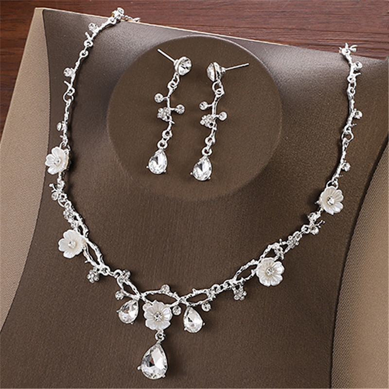 Wedding Silver Rhinestone Alloy Necklace Earrings Two Piece Jewelry Set 2024 - Flycurvy 