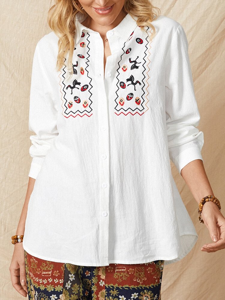 Ethnic Embroidery Button Long Sleeve Casual Cotton Blouse Women Shirt P1819962