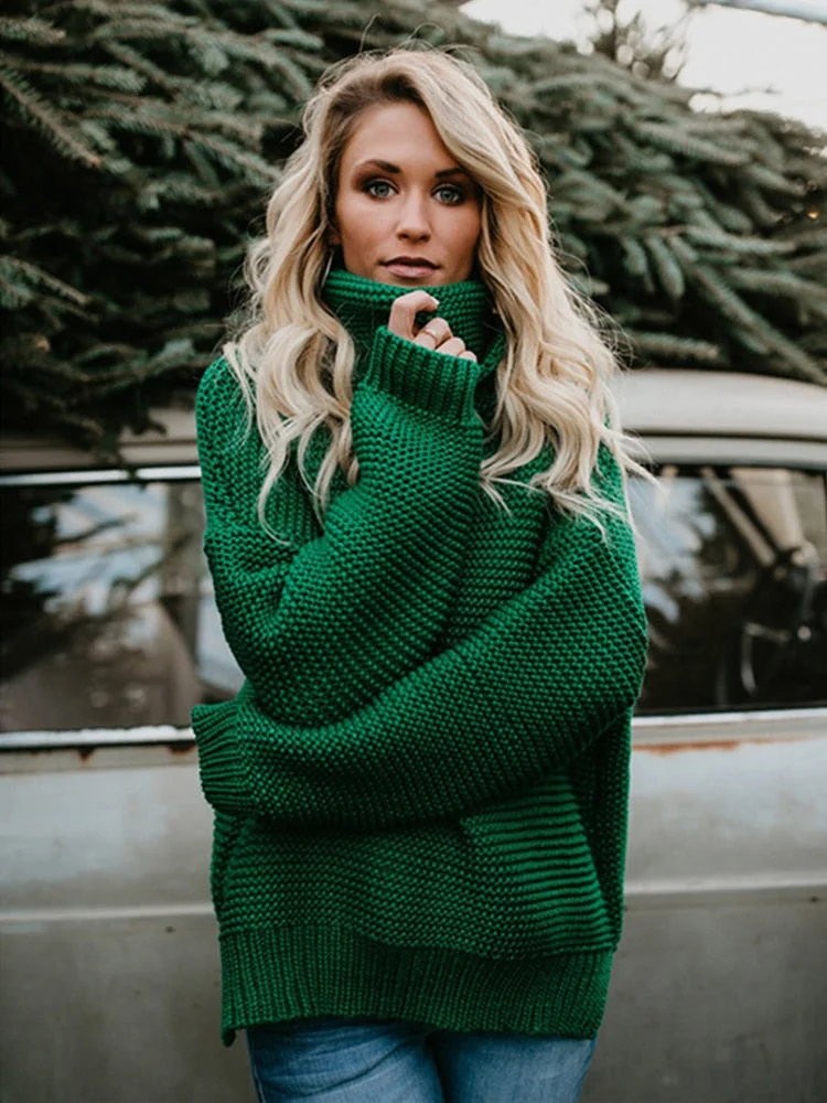 Sonicelife 2023 Autumn New Fall Outfits  Women Pullover Thick Autumn Winter Clothes Warm Knitted Oversized Turtleneck Sweater For Female Green Tops Woman Jumper