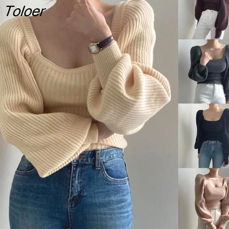 Toloer Women's Sweater Warm All-match Square Collar INS Square Neck Pink Top Autumn Winter Sweater for Dating Women's Clothing