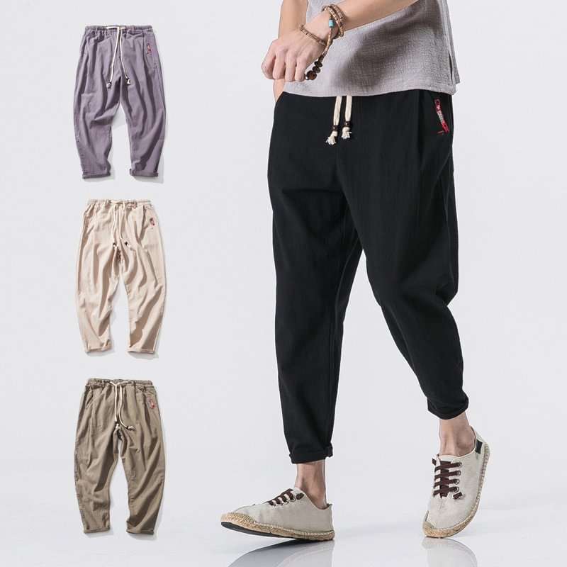 Men's Cotton And Linen Casual Solid Color Straight Trousers