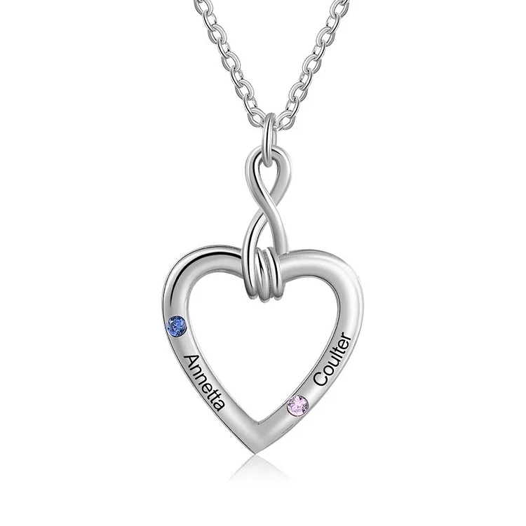 Heart Birthstone Necklace Love Charm 2 Stones Engraved Names Personalized Gifts for Her