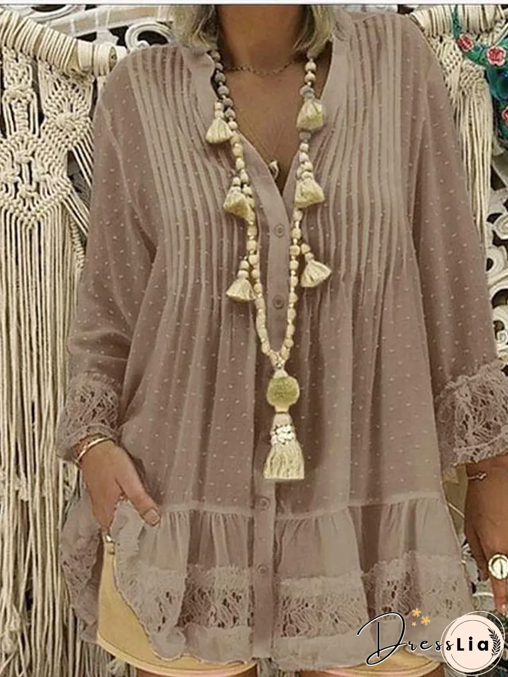 Women's Plus Size Blouse Shirt Solid Colored Long Sleeve Lace Pleated V Neck Tops Loose Basic Top White Blushing Pink Khaki-817