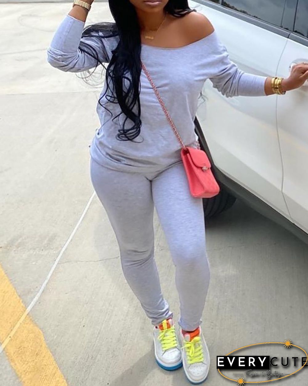 Solid Long Sleeve Top & Fitted Pants Set P15210