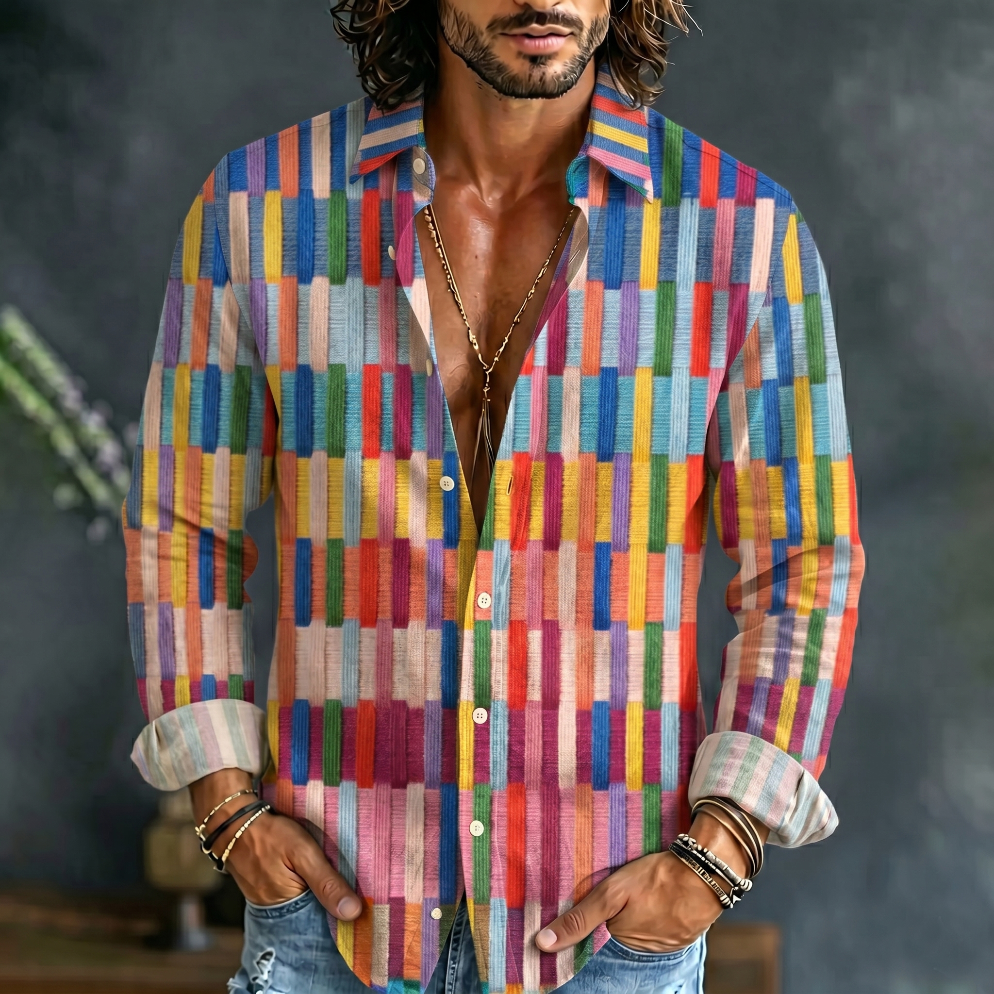 Comstylish Men's Vintage Geometric Art Print Linen Blend Shirt