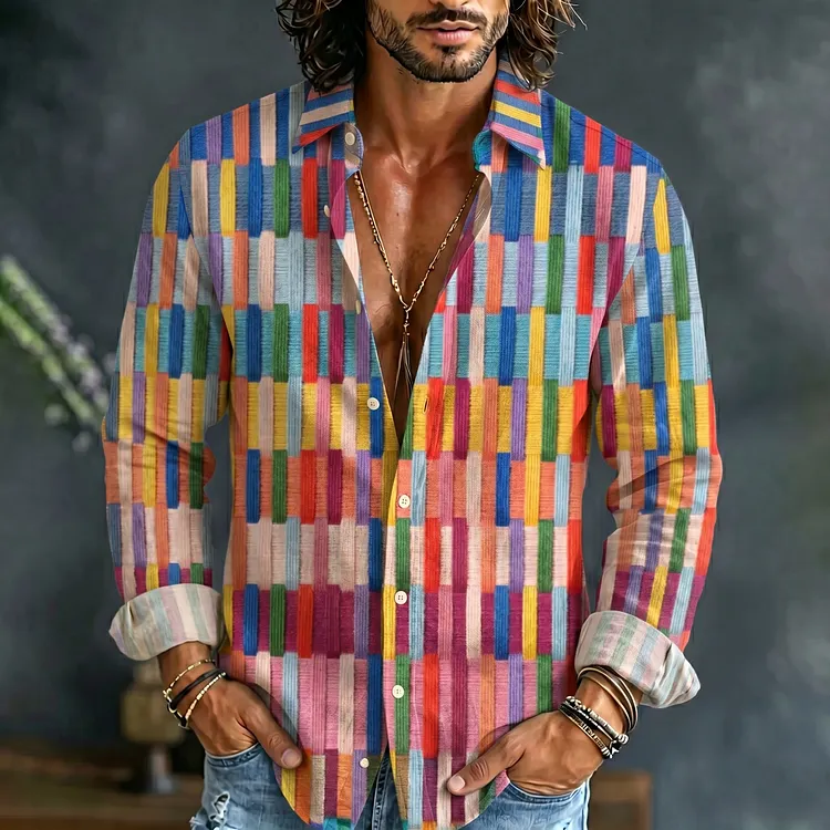 Men's Vintage Geometric Art Print Linen Blend Shirt