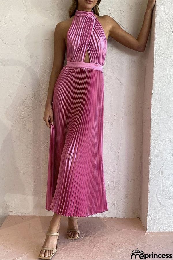 KOLLINS PLEATED HALTER MIDI DRESS - HUNTER GREEN