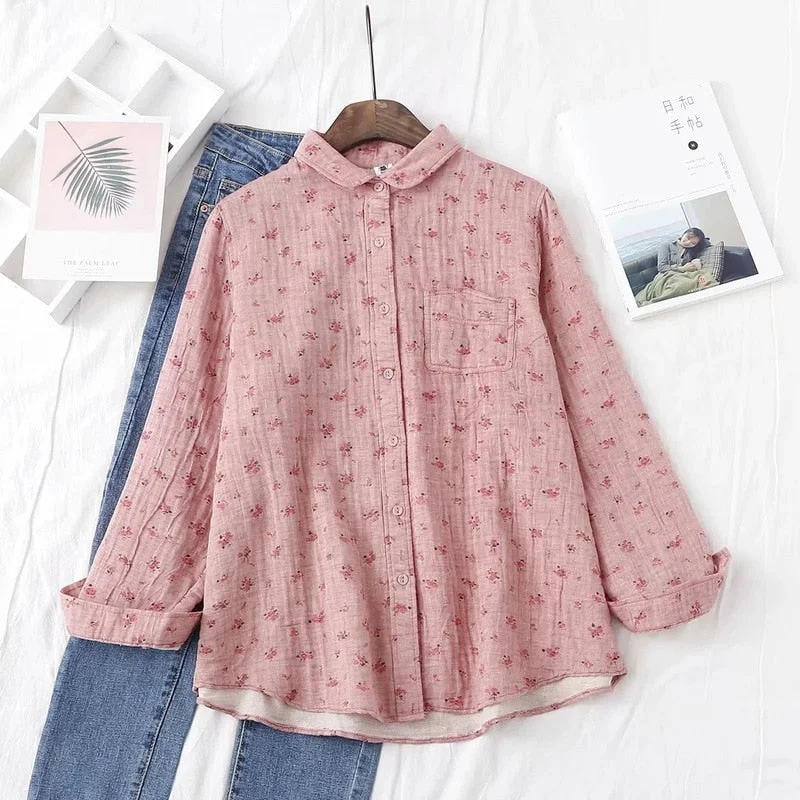 Autumn New Women Cotton Turn Down Collar White Shirt Long Sleeve Pockets Dot Blouse Button Up Loose Spring Casual Tops T09406F