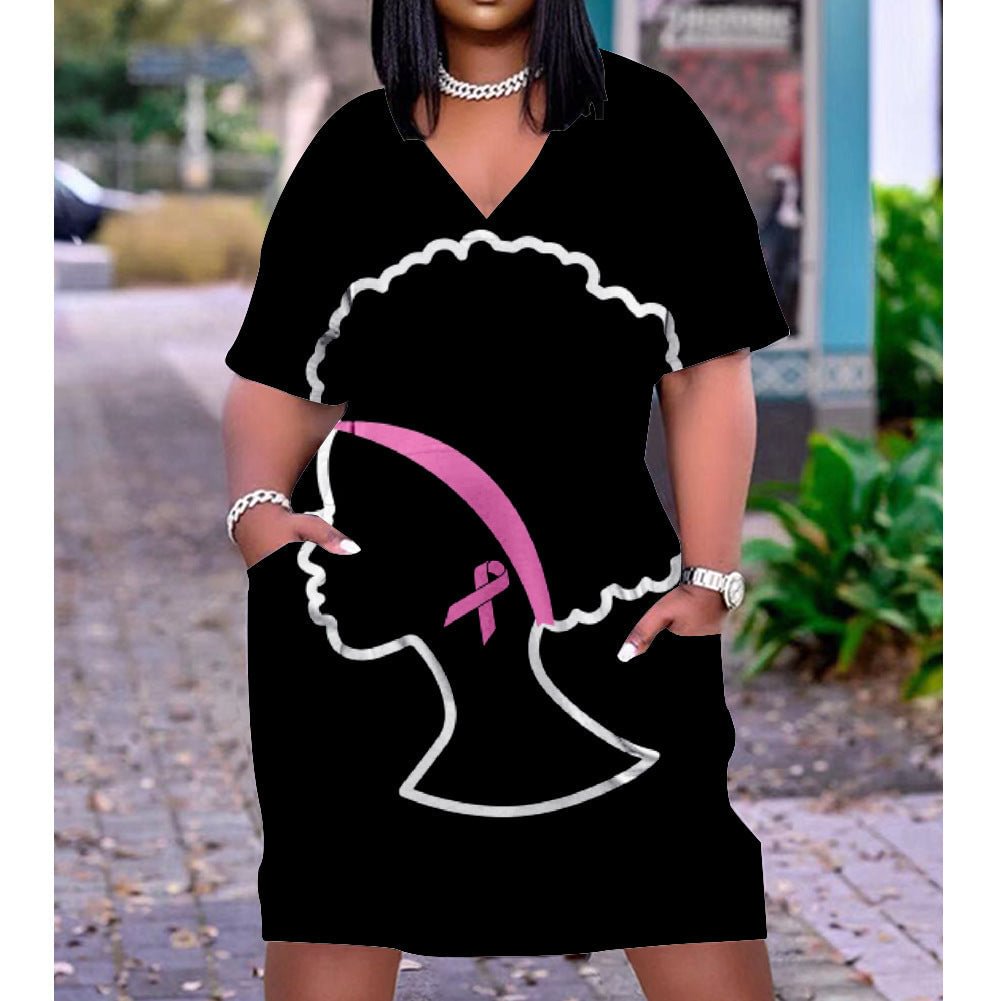 3D printed loose plus size v-neck mid-sleeve dress
