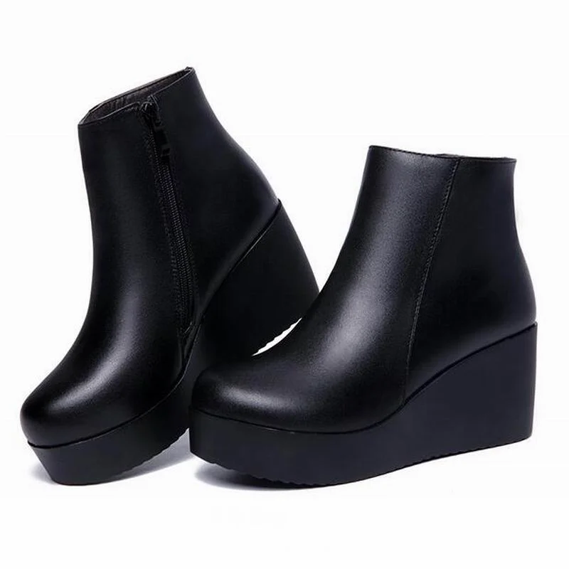 2021  Leather Autumn Winter Boots Shoes Women Ankle Boots Female Wedges Boots Women Boot Platform Shoes Warm