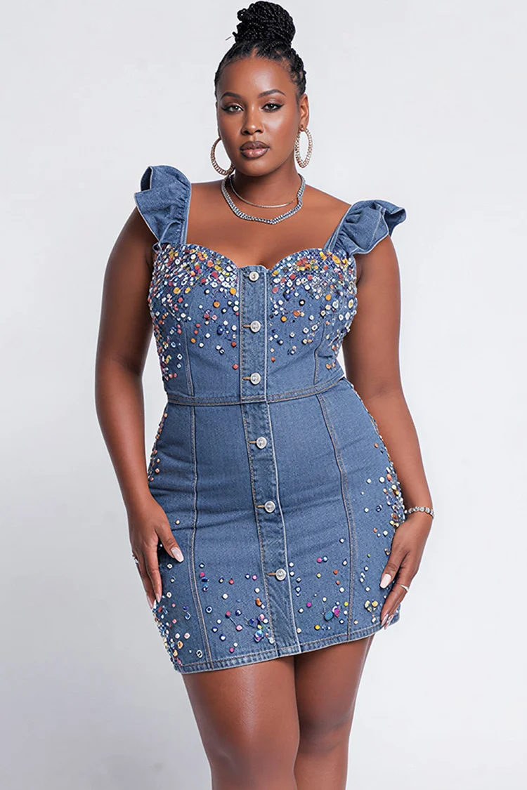 Xpluswear Design Plus Size Party Casual Light Blue Flutter Sleeve Drilling Denim Mini Dresses [Pre-Order] 2024 - Xpluswear