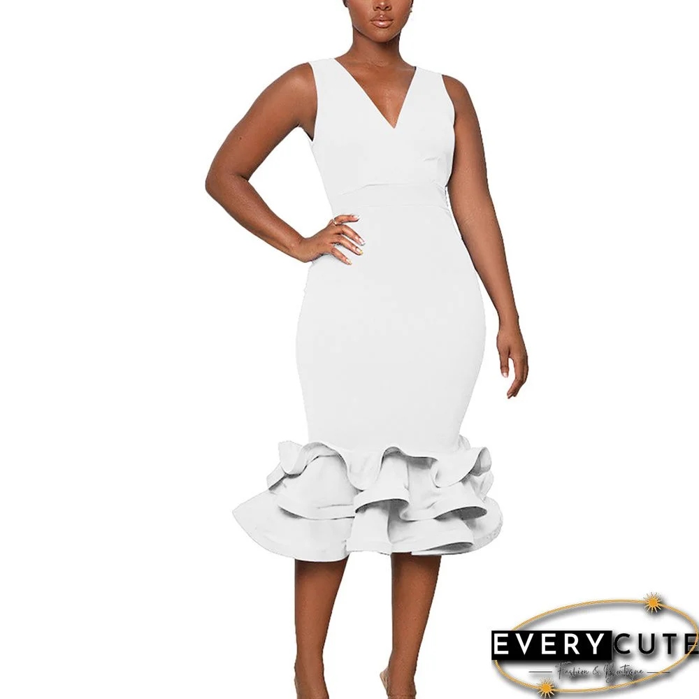 White V Neck Sleeveless Tiered Ruffle Midi Dress