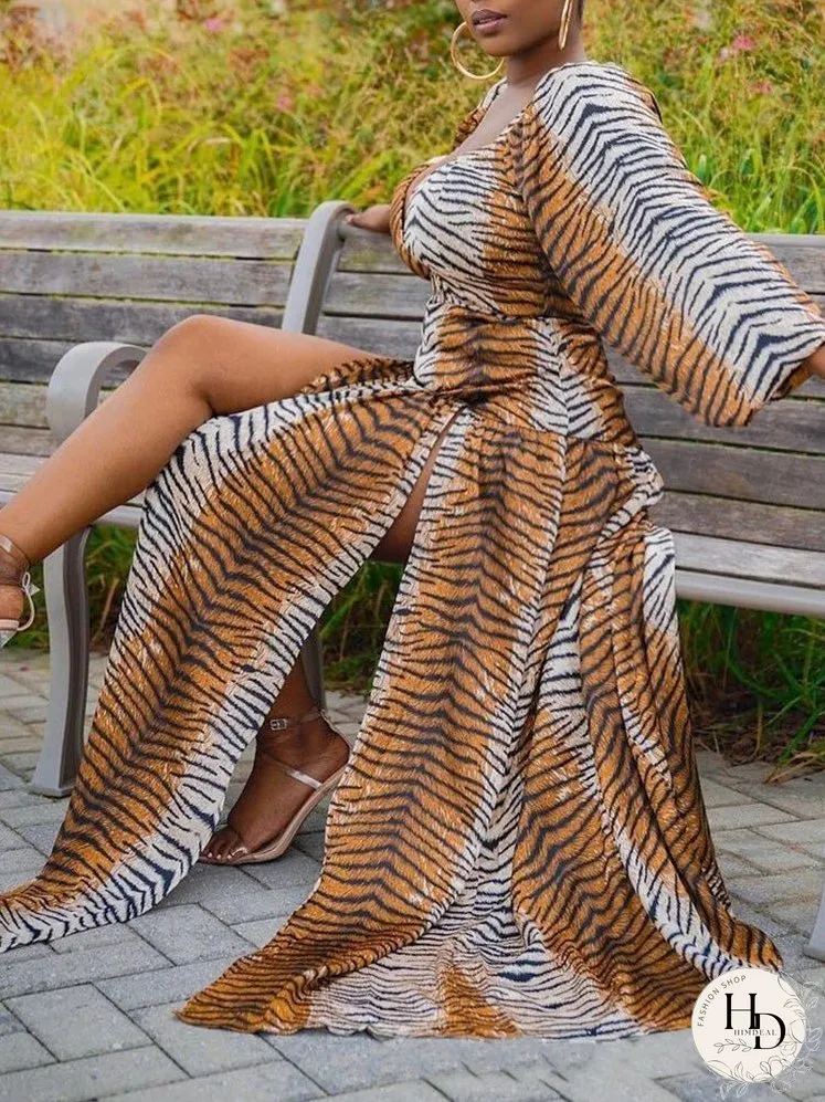 Dresses Leopard Print Deep V Neck Long Sleeve Slit Dress for Women