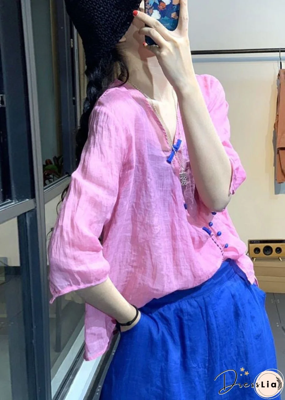 French Pink V Neck Button Cotton Shirt Bracelet Sleeve