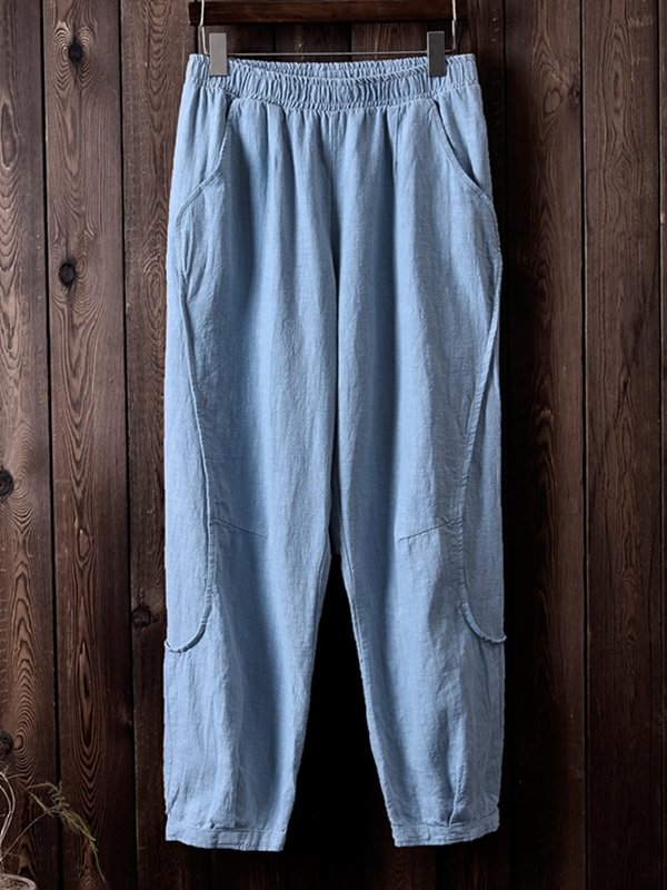 Vintage Solid Color Wide-Leg Casual Ramie Cotton Pants