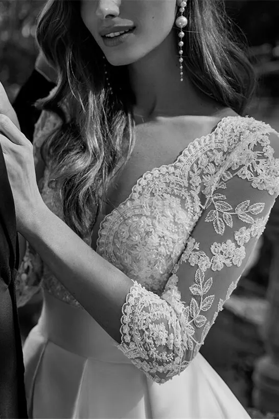 3/4 sleeve satin wedding dress A-line 3/4 Sleeve Bateau Wedding Dresses White Satin Princess Wedding   SELINADRESS