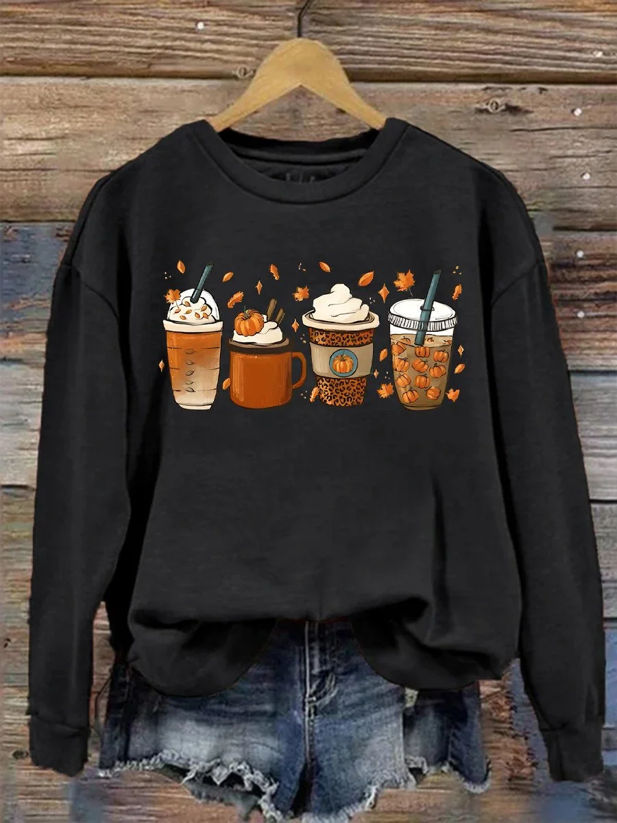 Eagerlys Thanksgiving Autumn Pumpkin Coffee Art Print Casual Sweatshirt Eagerlys