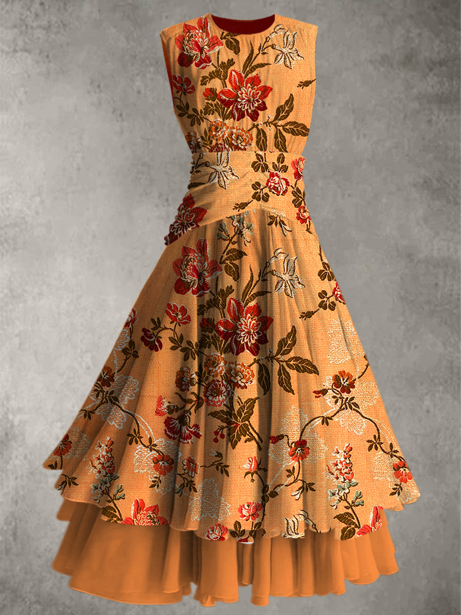 Retro Floral Art Print Elegant Chic Double Layer Sleeveless Maxi Dress