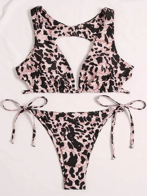 Leopard Print Backless Bandage Split Bikini Swimsuit