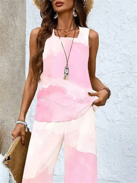 Women's Sleeveless Square Collar Graphic Printed Casual Set