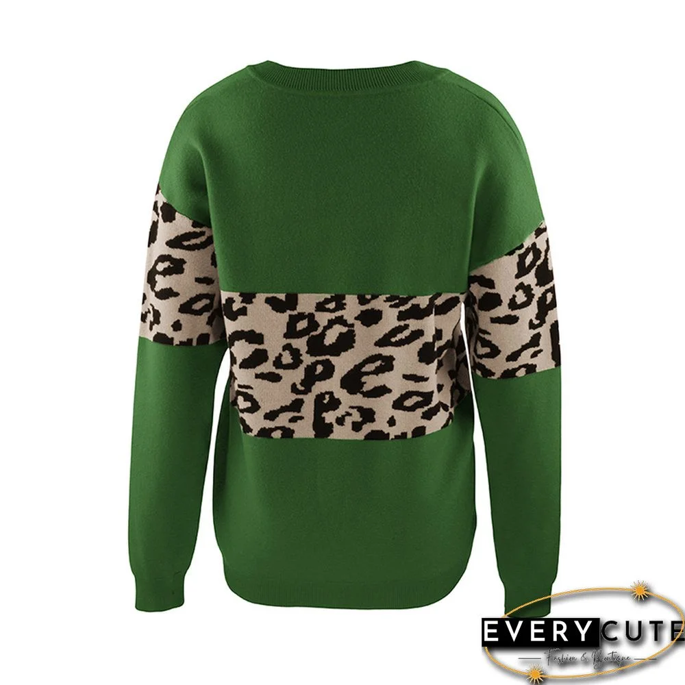 Green Splice Leopard Print V Neck Sweater