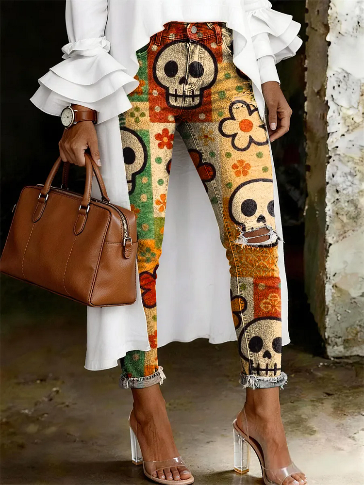 Women's Fashion Casual Hippie Skull Art Print Ripped Skinny Jeans