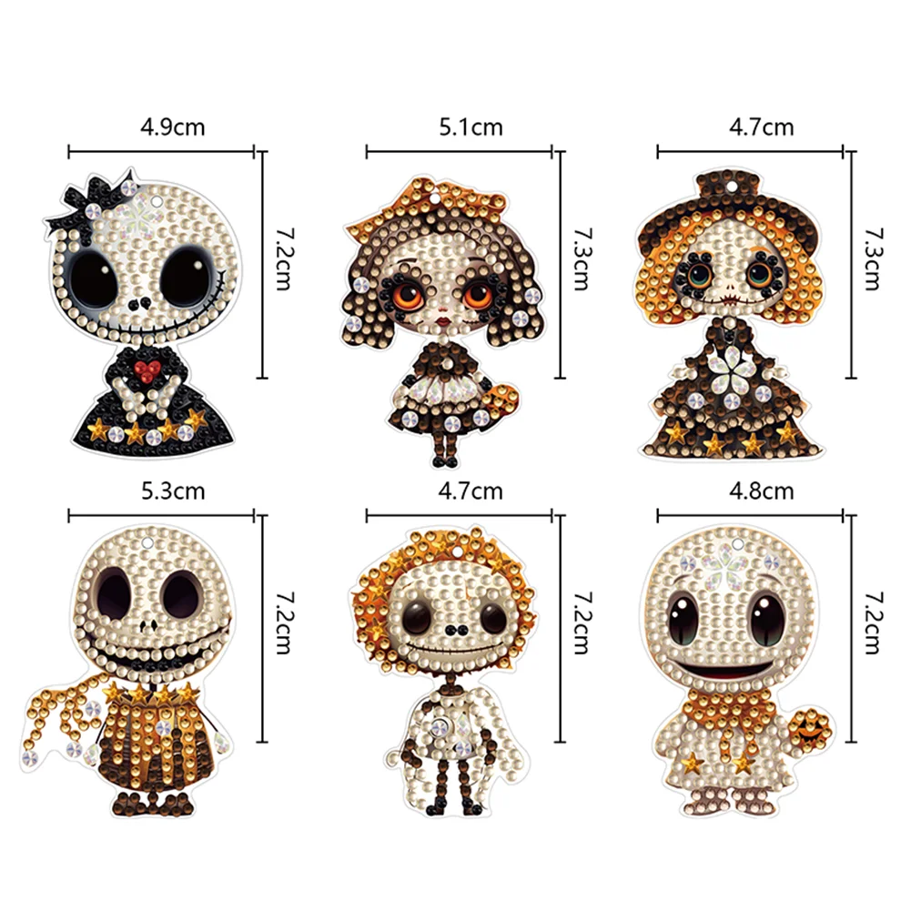 6pcs DIY Horror Doll Diamond Art Key Rings Double Sided Keychain Supplies Gift for Kids