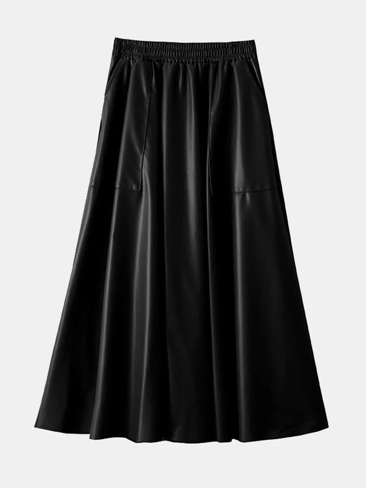 Solid A-line Pocket PU Leather Elastic Waist Skirt