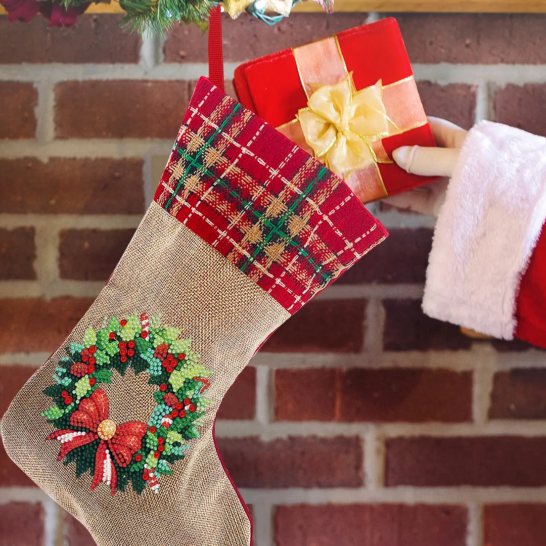 DIY Diamond Painting Christmas Stockings Hanging Ornaments Large Capacity Xmas Socks Pendant Wear Resist Candy Gift Storage Bags for Family Christmas Holiday Party Decoration (Christmas wreath)