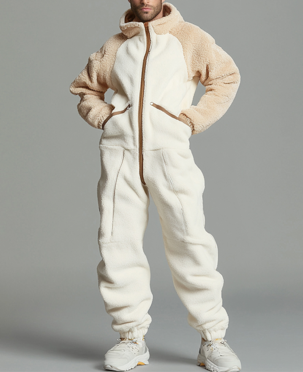 Okaywear Two Tone Long Sleeve Zipper Hooded Plush Jumpsuit