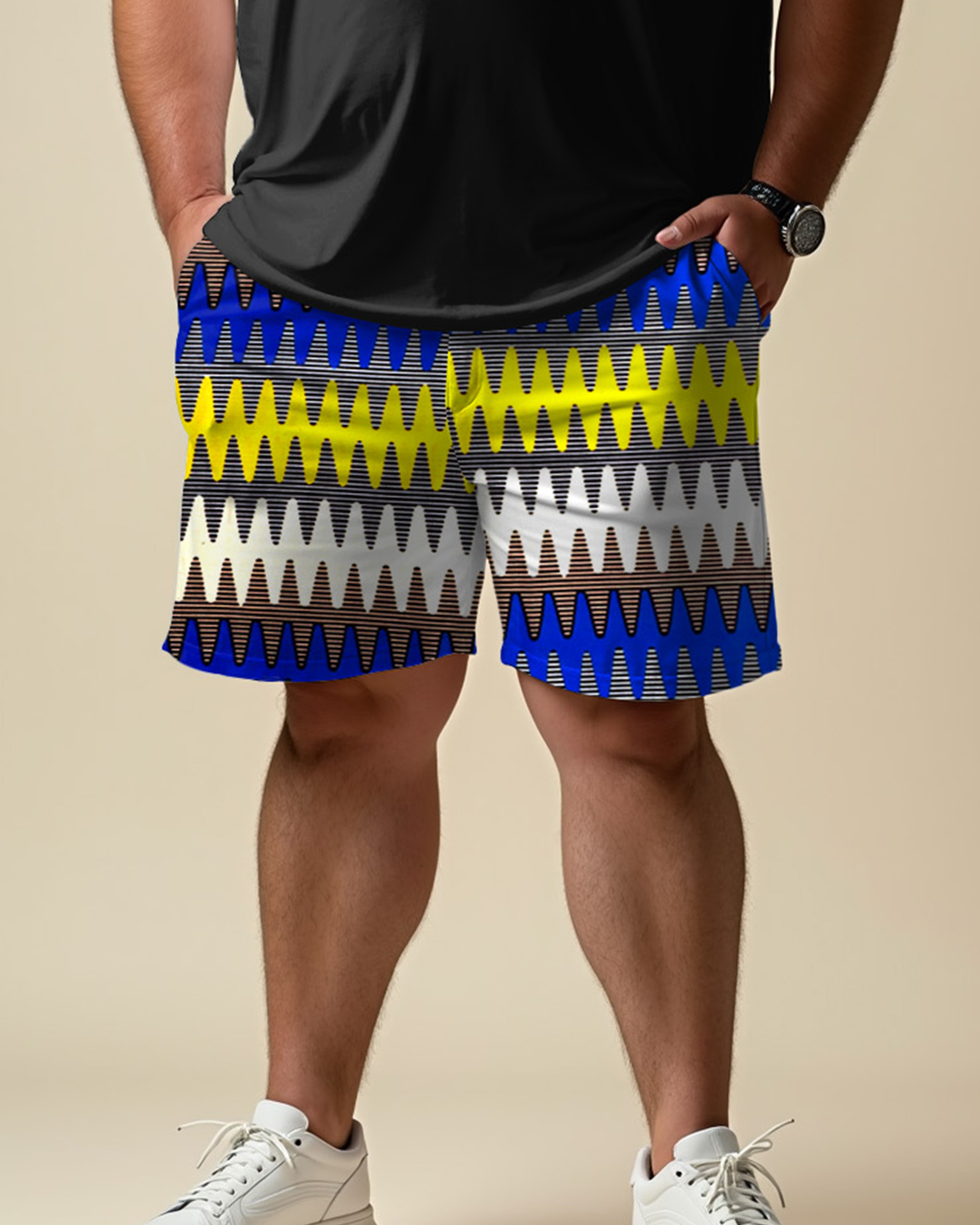 African Pattern Casual Cuff Patchwork Printed T-Shirt Shorts Suit Men's Plus Size