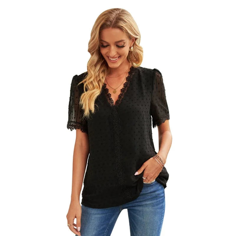 Women's Shirt Pure Color Jacquard V-neck Short Sleeves