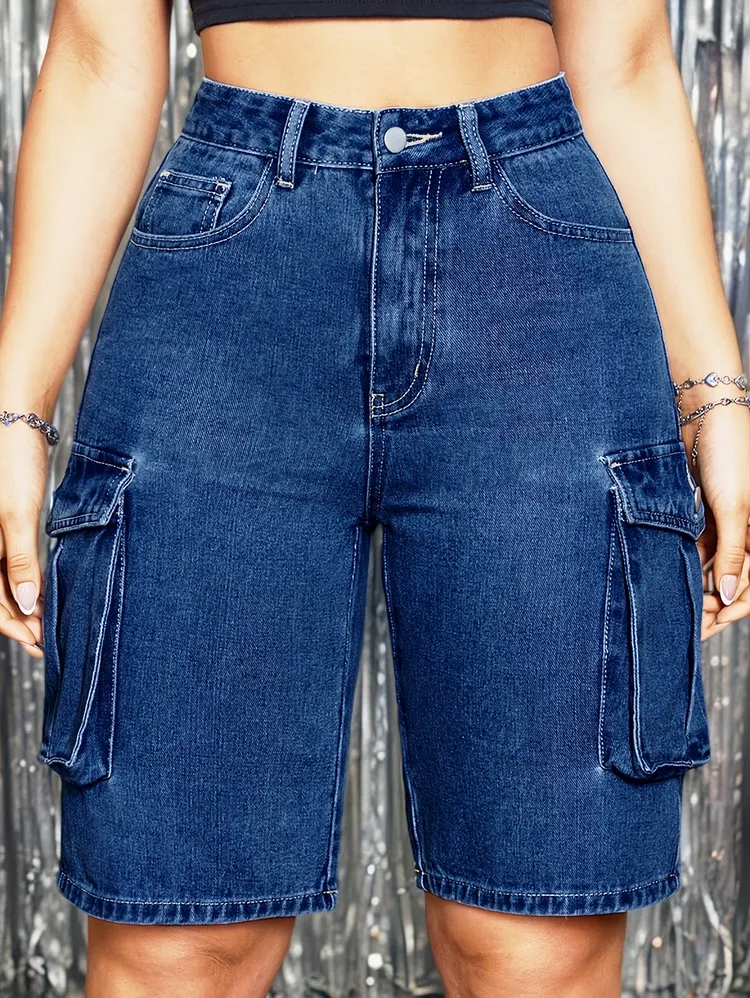 Womens Casual Washed Blue Denim Cargo Shorts With Flap Pockets Stylish Knee-Length