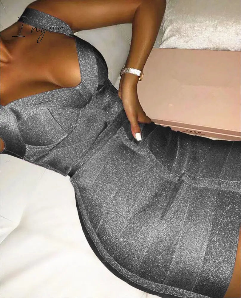 Ingvn - Ladies Sexy V Neck Backless Purple Shining Women Bandage Dress Designer Fashion Sparkly