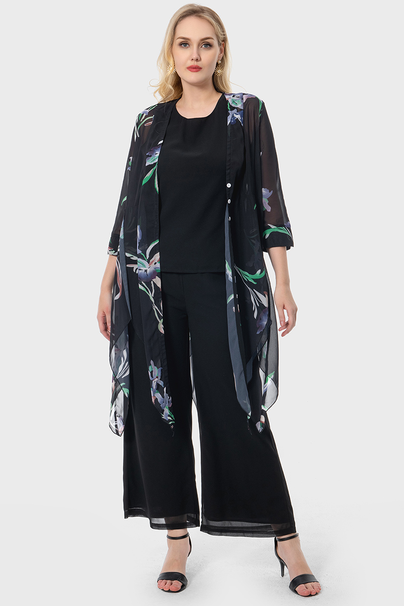 Flycurvy Plus Size Mother Of The Bride Black Chiffon Floral Print Three Piece Pant Suits