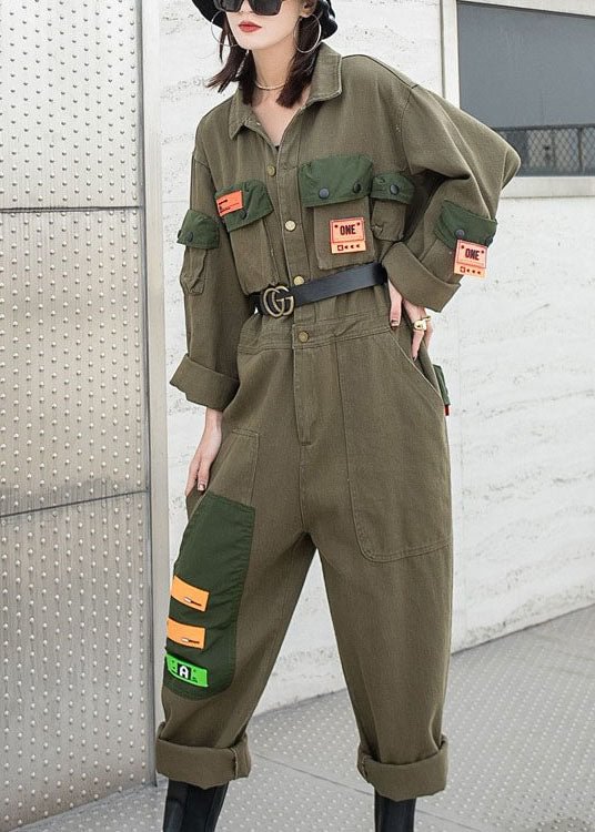 Modern Army Green Peter Pan Collar Pockets Button Fall Denim Top Long sleeve CK2481- Fabulory