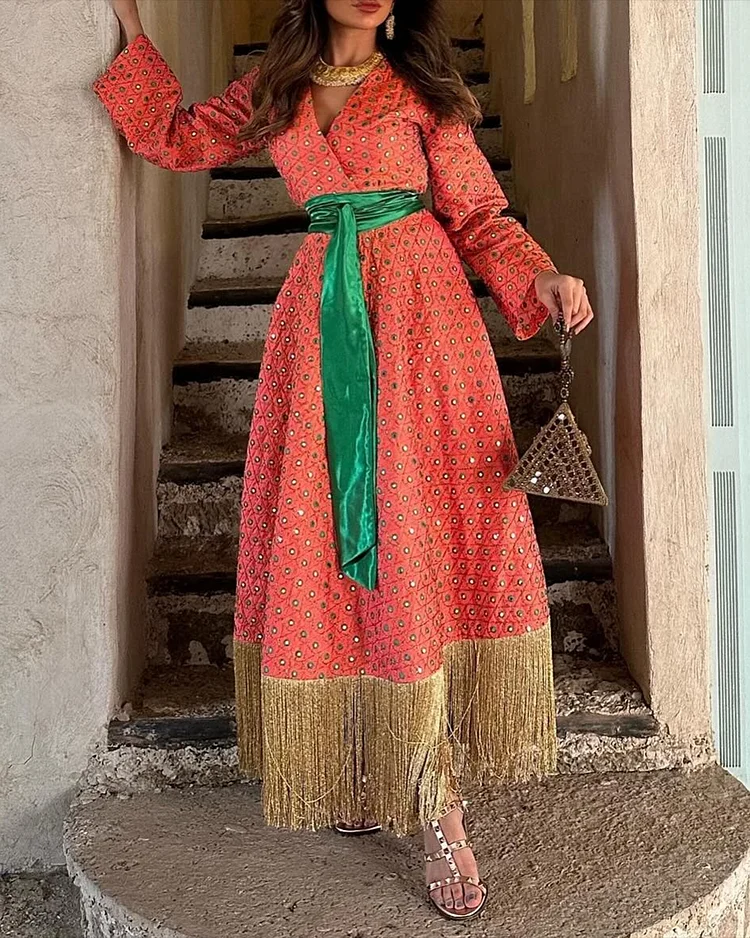 Women's V-neck sequined tassel Dress