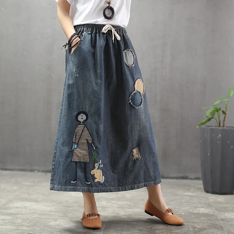 Literary Embroidery Patch Denim Skirt
