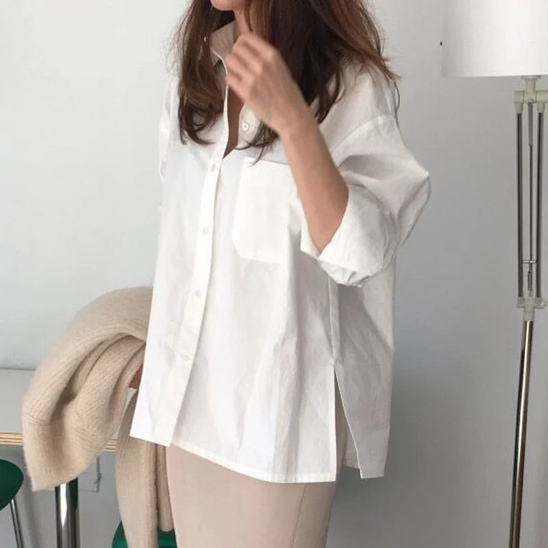 BGTEEVER Vintage Back Split Women Blouses Shirts Elegant Single-breasted Female White Shirts 2020 Spring Summer Tops femme