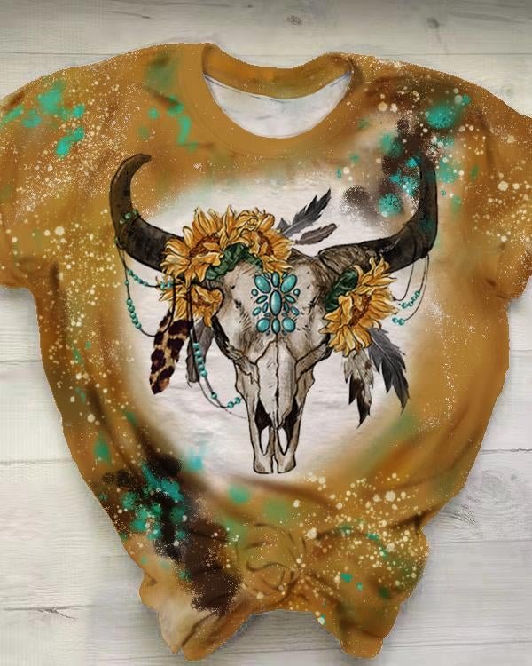 Steer Skull Sunflower Bleached T-Shirt