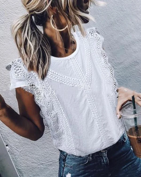 Elegant Short Sleeve Hollow Out See-Through Crew Neck Tops