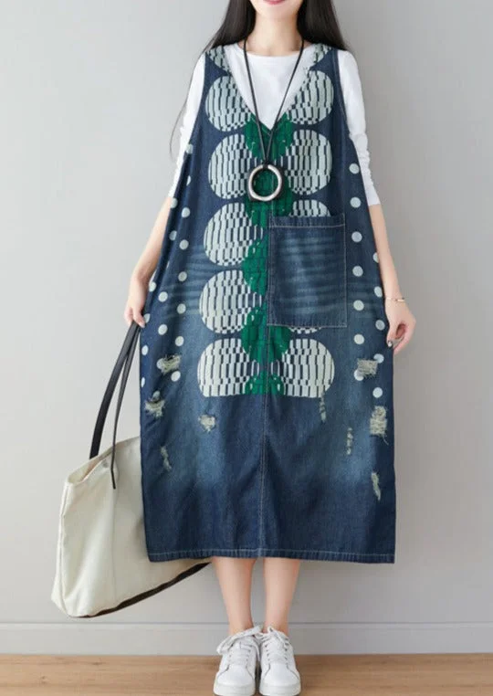 Summer Retro Polka-Dot Casual Denim Strap Dress