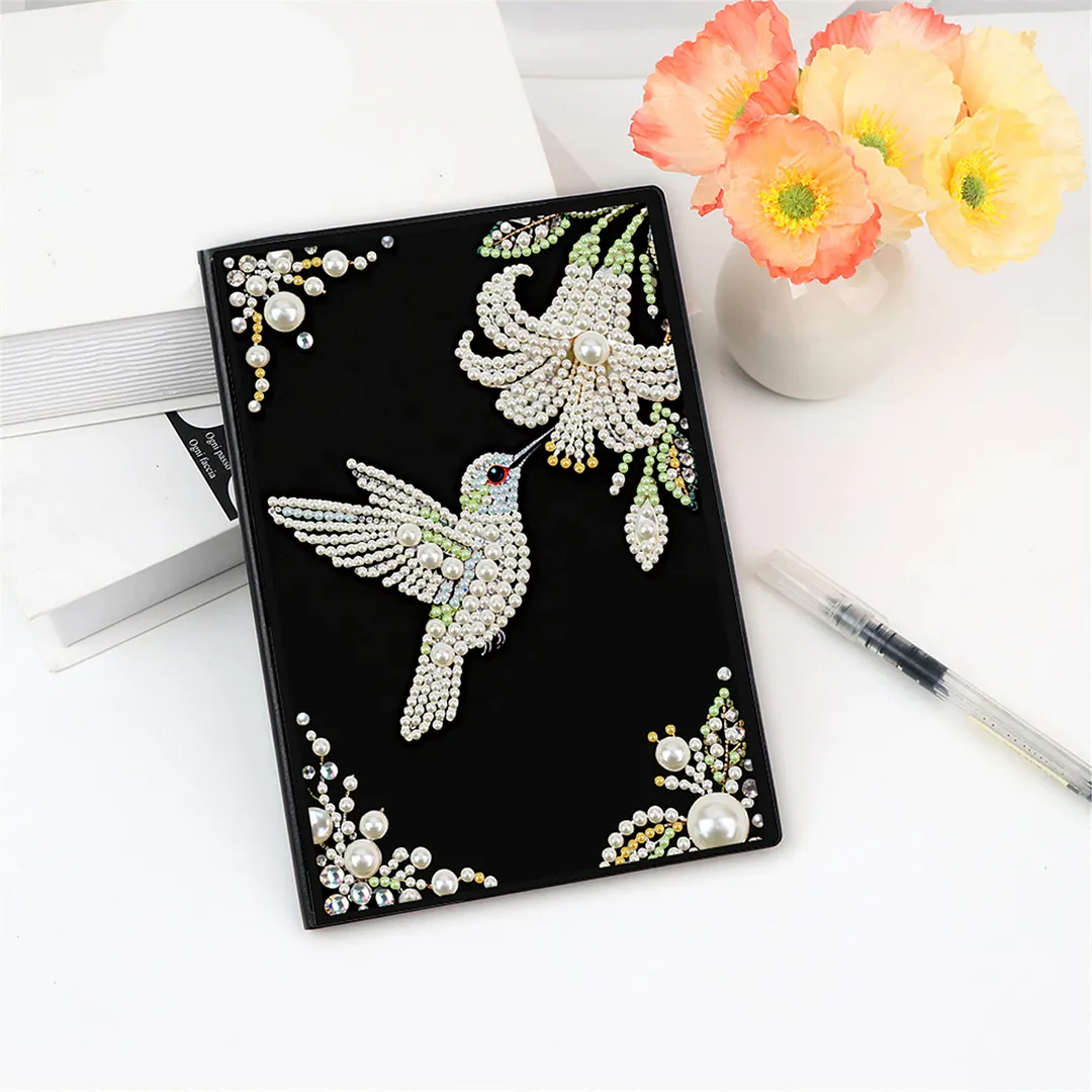 Flowers and Hummingbirds Partial Pearl DIY 50 Pages A5 Diamond Painting Notebook Special Shaped Diamond Art Diary Book Kits Wireless Strip 5D Crystal Art Paintings Sketchbook for Art Drawing