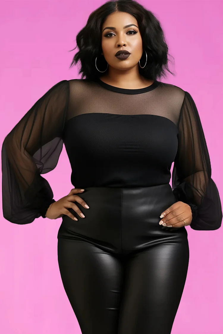 Xpluswear Design Plus Size Business Casual Black Round Neck Long Sleeve See Through Tulle Blouses [Pre-Order]